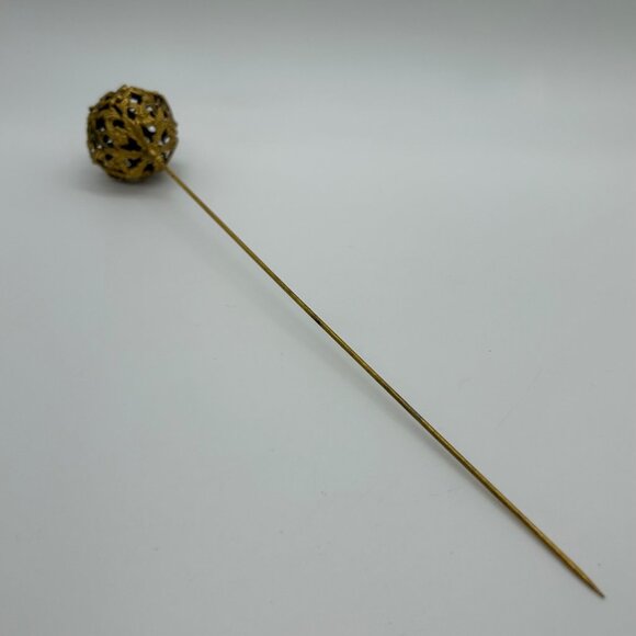 Antique Edwardian Hat Pin Gilded Brass Filigree Red Cabochon 1900s 9" READ - Picture 10 of 16